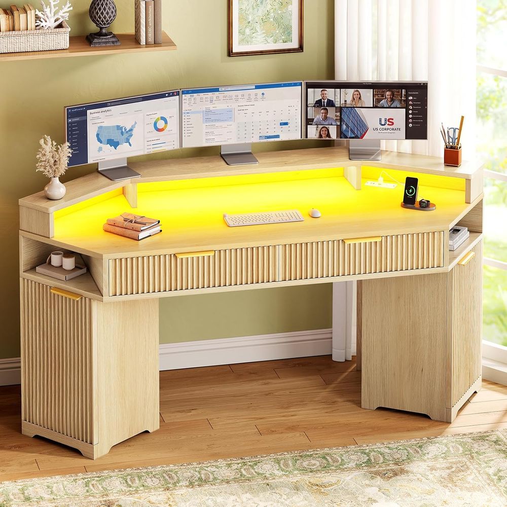 Desk Setup Oak - Çift Masa Düzeni, Depolama Alanlı Kompakt